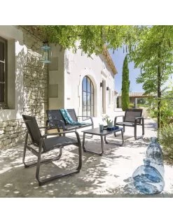 Salon De Jardin Gili 4 Places - Aluminium Et Texaline - Graphite / Anthracite Chiné