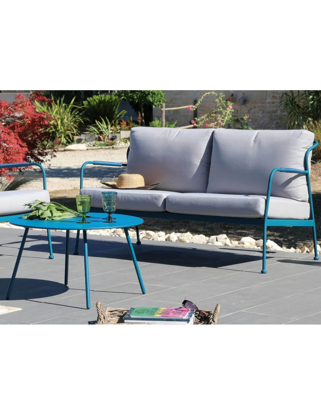 Salon De Jardin Noa 4 Places En Acier - Bleu/Beige Clair – Image 2
