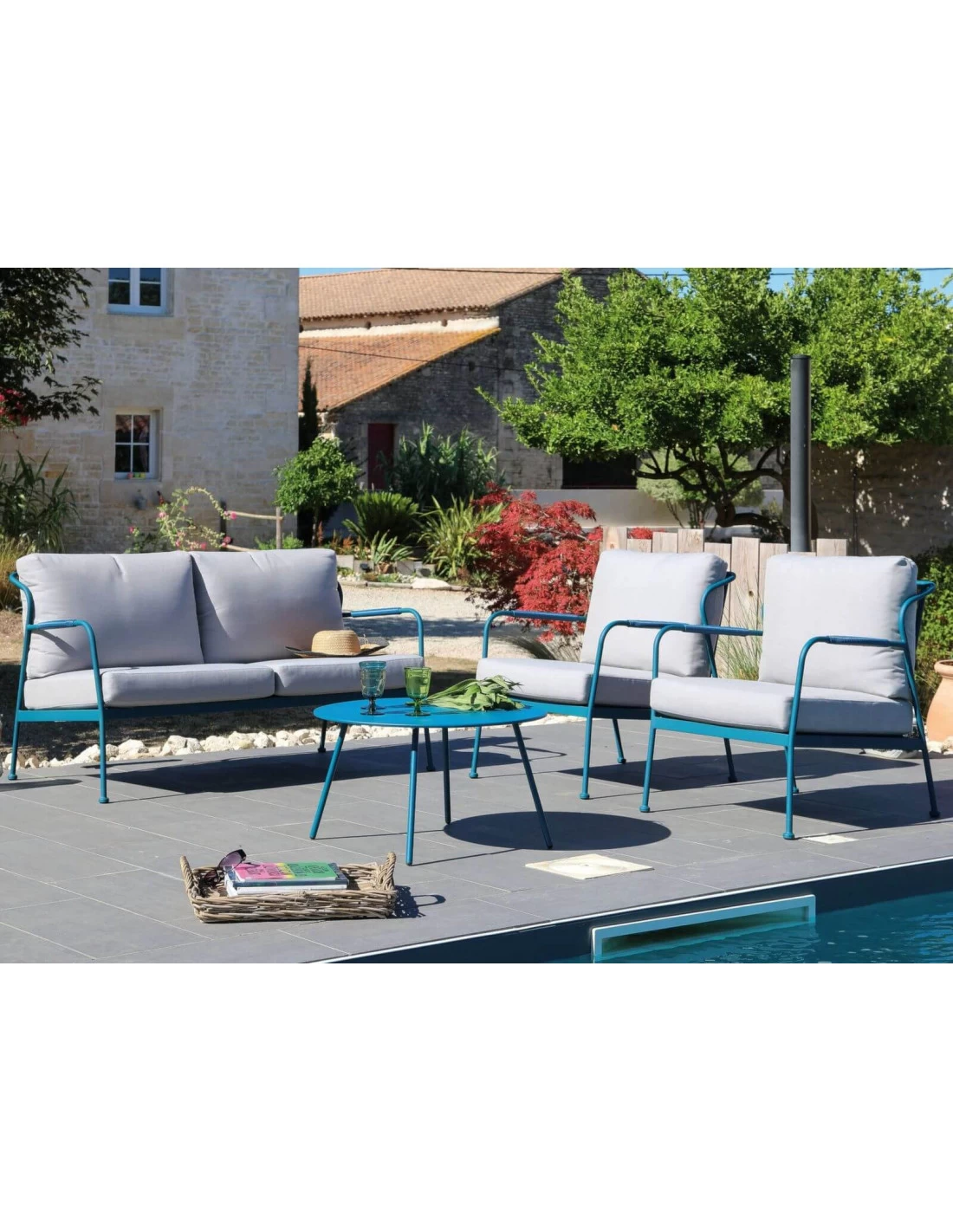 Salon De Jardin Noa 4 Places En Acier - Bleu/Beige Clair – Image 4